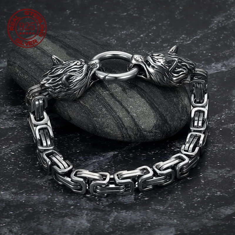 Wolf Jewelry & Watches Tampa - S925 فضة مزدوجة الذئب رئيس سوار